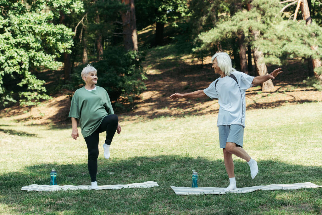 full length of happy senior man and woman exercising on fitness mats in park - Fotografie, Obrázek