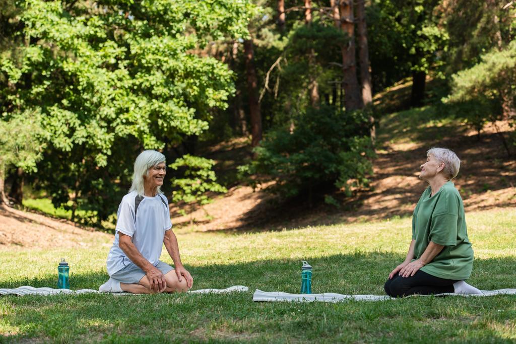 полная длина счастливой пожилой пары в спортивной одежде сидящей на фитнес-ковриках в зеленом парке  - Фото, изображение