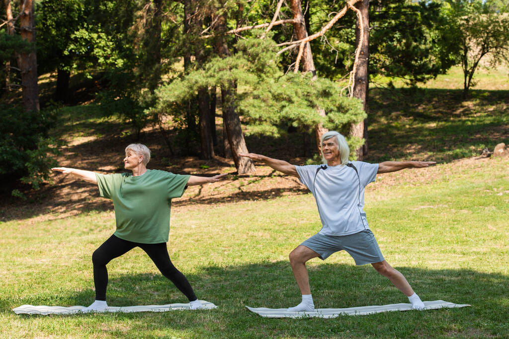 full length of happy senior couple in sportswear exercising on fitness mats in green park  - Zdjęcie, obraz