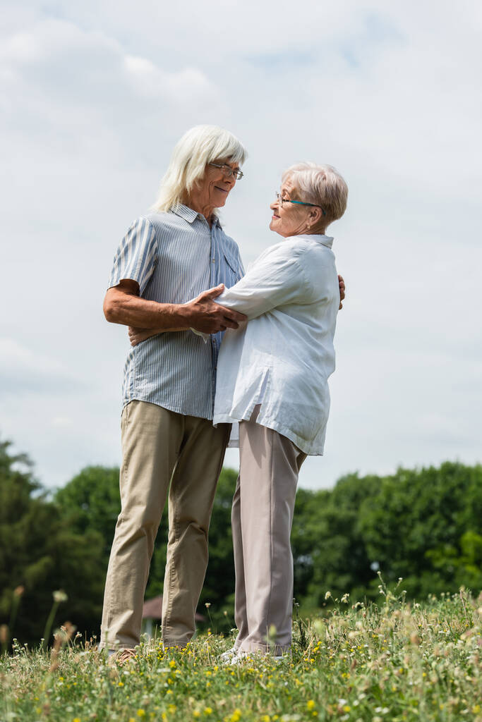 full length of happy senior husband and wife with grey hair hugging on green hill in summer - 写真・画像