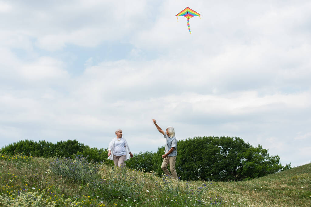 happy senior couple in casual clothes playing with kite on green hill  - Foto, Bild