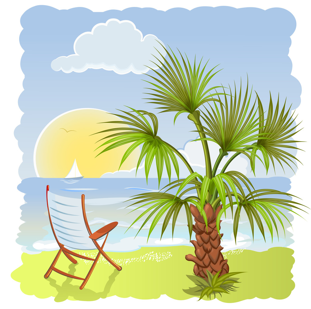 Playa de mar con palmera y silla
 - Vector, Imagen