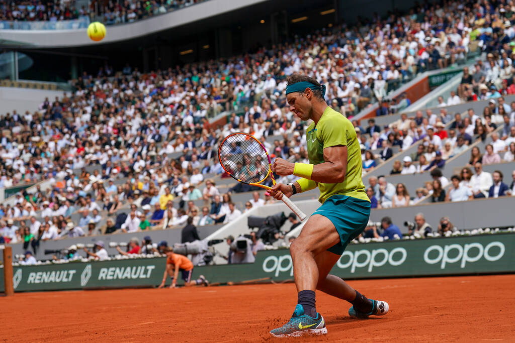 PARIS, FRANCE - JUNE 5, 2022: Grand Slam champion Rafael Nadal of Spain in action during his men's singles final match against Casper Ruud of Norway at 2022 Roland Garros in Paris, France - Fotoğraf, Görsel
