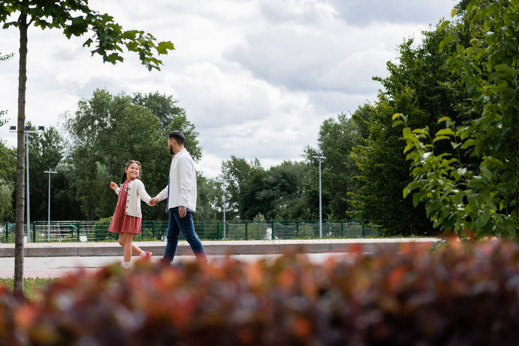 Smiling asian girl holding hand of father while walking in summer park  - Foto, Imagen