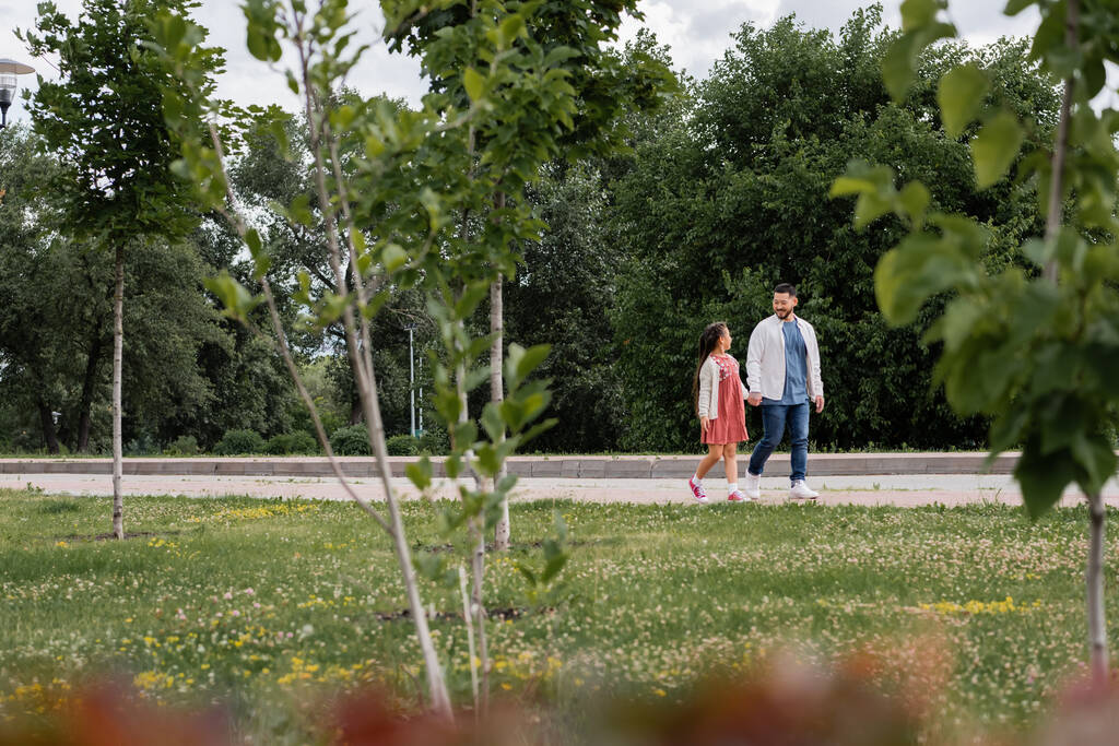 Азиатские отец и дочь гуляют в летнем парке  - Фото, изображение