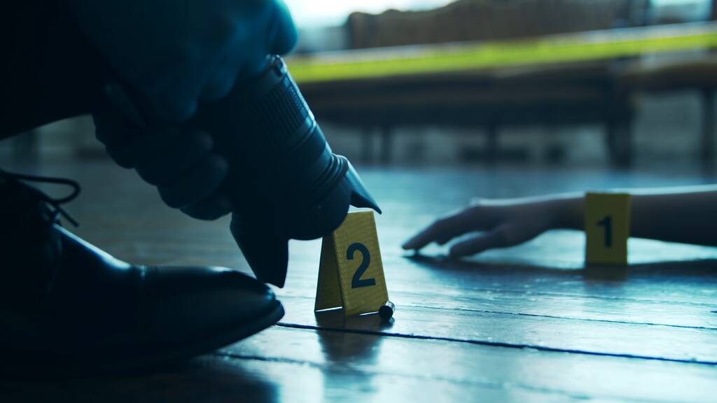 Detective Collecting Evidence in a Crime Scene. Forensic Specialists Making Expertise at Home of a Dead Person. The Concept of Homicide Investigation by Professional Police Officer. - Valokuva, kuva