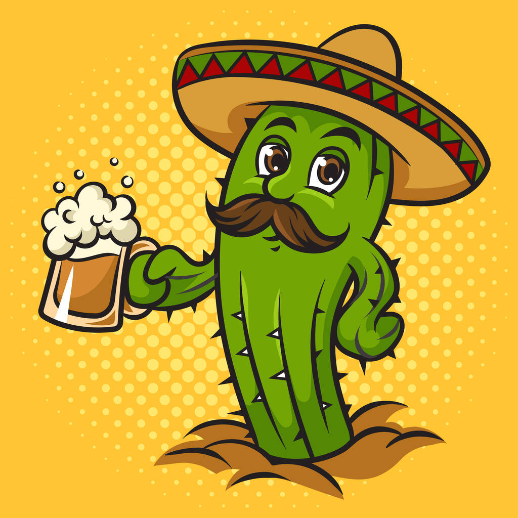 Cartoon cactus in mexican sombrero with beer pop art retro raster illustration. Comic book style imitation. - Foto, immagini