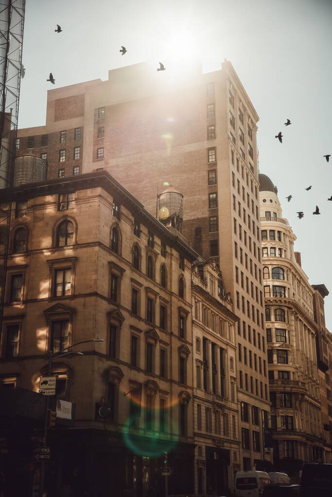 Un immeuble résidentiel dans le quartier de Soho dans le Lower Manhattan New York avec des rayons de soleil sur le dessus et des oiseaux survolant, plan vertical - Photo, image