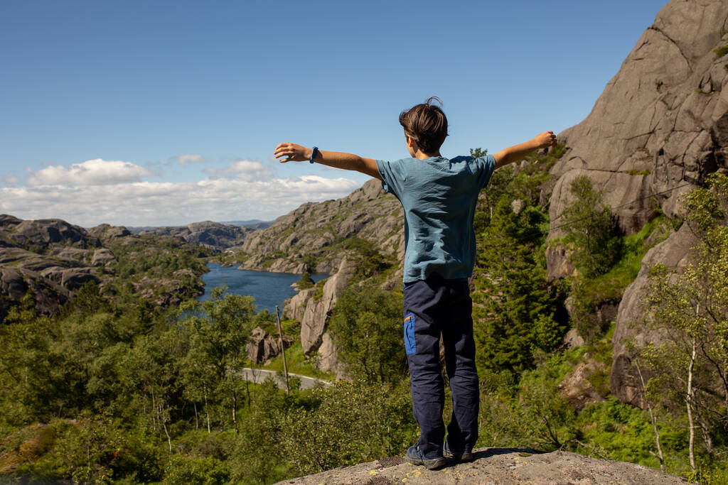 Ευτυχισμένοι άνθρωποι, απολαμβάνοντας καταπληκτική θέα στις ακτές της Νότιας Νορβηγίας, φιόρδ, λίμνες, όμορφη φύση. Παιδιά και ενήλικες που ταξιδεύουν στη Νορβηγία το καλοκαίρι - Φωτογραφία, εικόνα