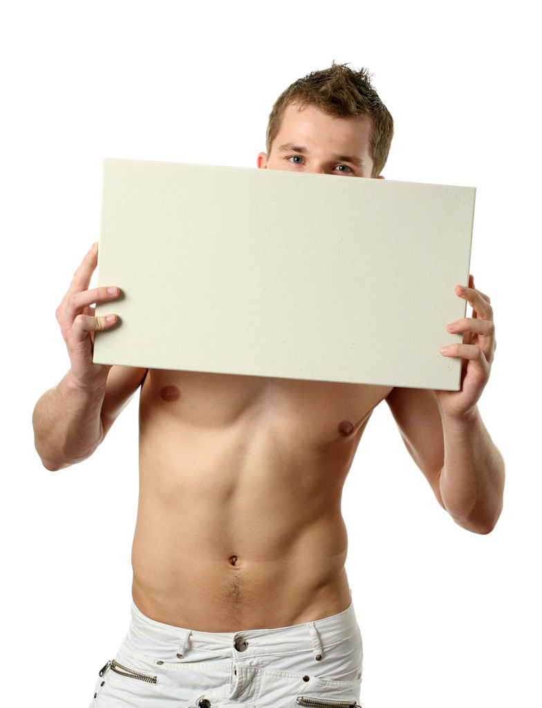 Junger Mann mit Kopierraum-Plakatwand - Foto, Bild