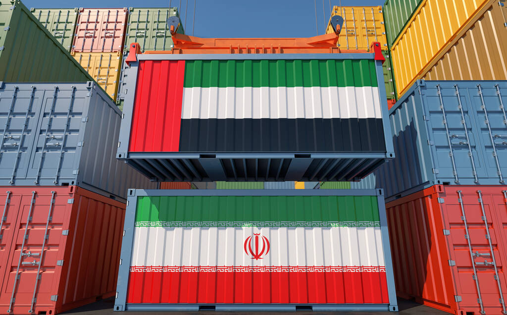 Cargo containers with United Arab Emirates and Iran national flags. 3D Rendering - 写真・画像
