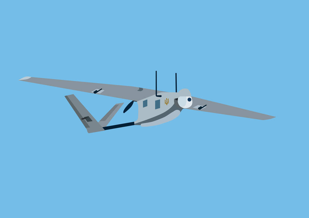 απεικόνιση του στρατιωτικού drone κινουμένων σχεδίων με ουκρανικό σύμβολο τρίαινα σε μπλε φόντο  - Διάνυσμα, εικόνα