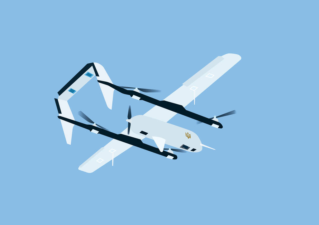 illustration of cartoon unmanned aerial vehicle with national ukrainian symbol on blue background  - Vector, imagen