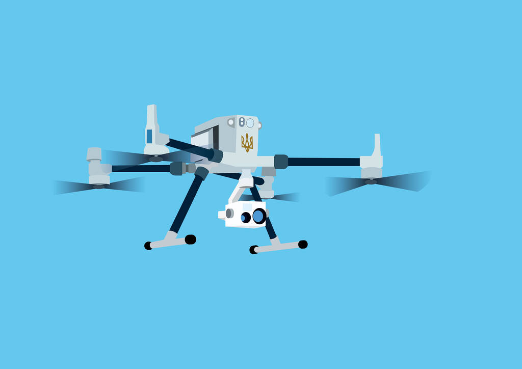 απεικόνιση του στρατιωτικού drone κινουμένων σχεδίων με βιντεοκάμερα και ουκρανική τρίαινα σε μπλε φόντο  - Διάνυσμα, εικόνα