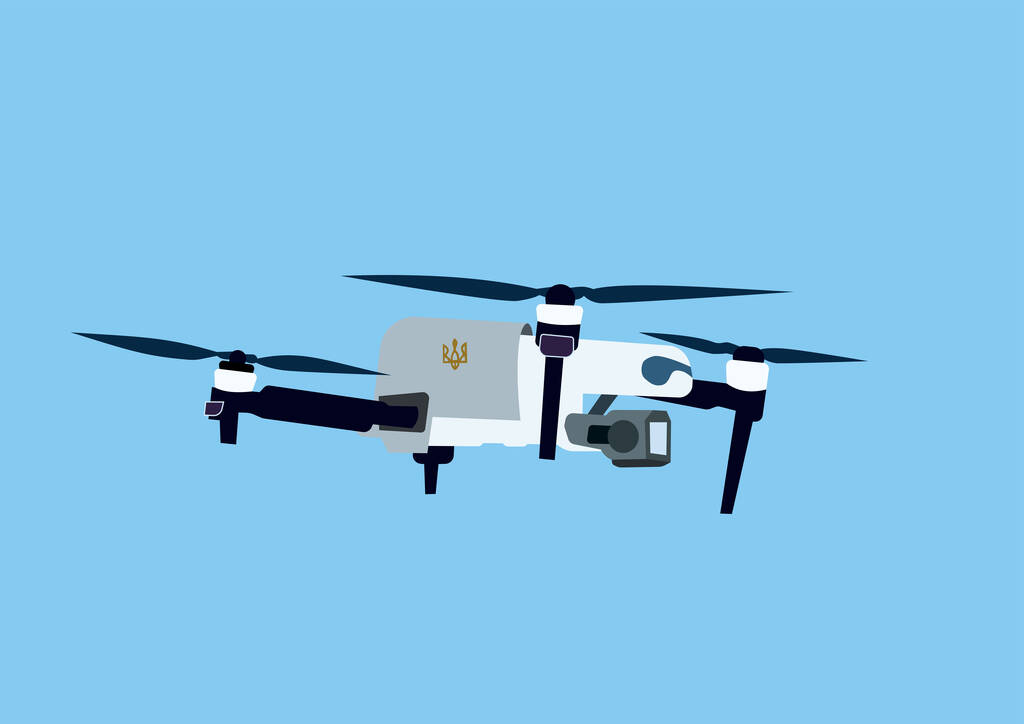 illustration of modern military unmanned aerial vehicle with video camera with ukrainian trident on blue background - Vecteur, image