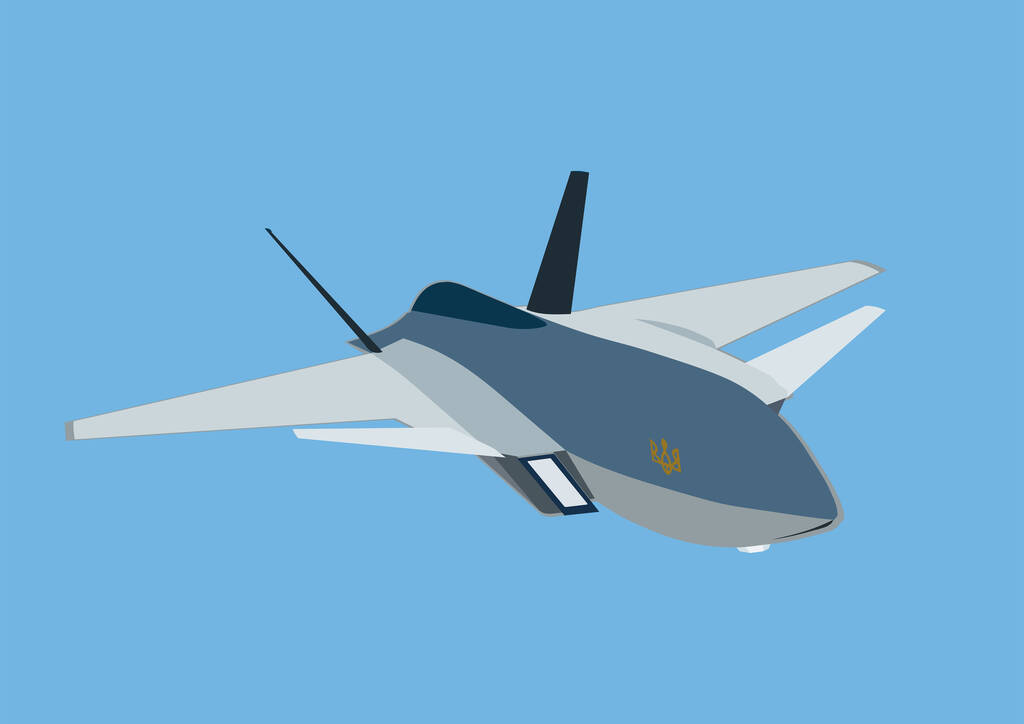 illustration of unmanned aerial vehicle with ukrainian trident symbol on blue background - Vector, imagen