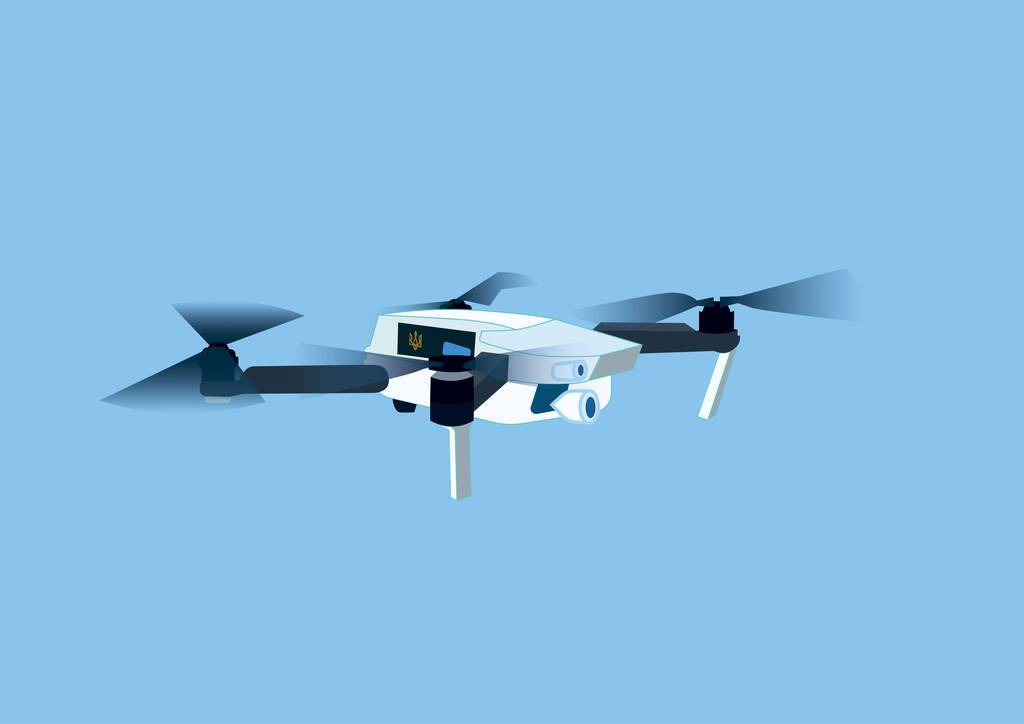 illustration of military quadcopter with ukrainian trident symbol and video camera on blue background - Vektor, Bild