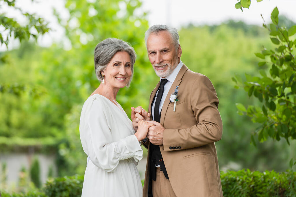 щасливий наречений середнього віку в костюмі тримає руки зі зрілою нареченою в білій сукні в саду
  - Фото, зображення