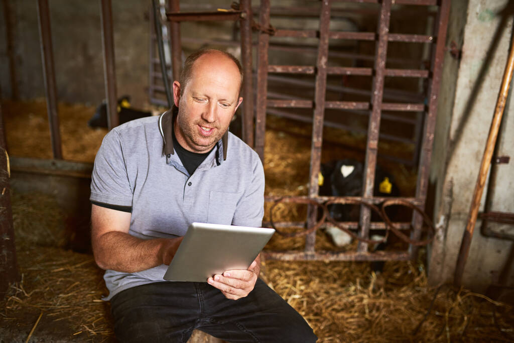 Technology can help in any industry. a male farmer using a tablet while sitting in a barn on his dairy farm - 写真・画像
