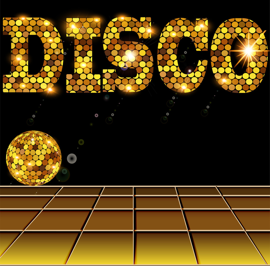  Hintergrund mit goldener Discokugel und Buchstaben - Vektor, Bild