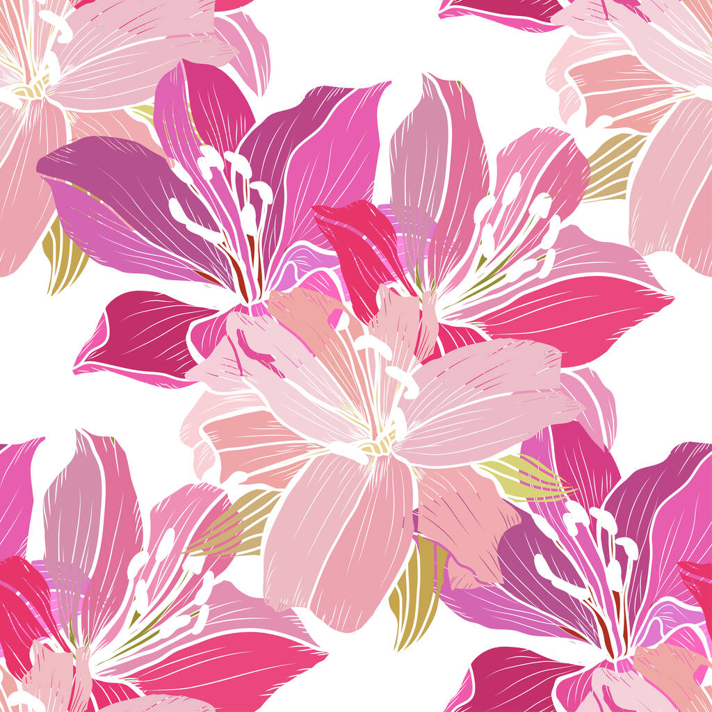 Elegantní bezešvý vzor s liliovými květy, designové prvky. Květinový vzor pro pozvánky, karty, tisk, dárkový obal, výroba, textil, tkaniny, tapety - Vektor, obrázek