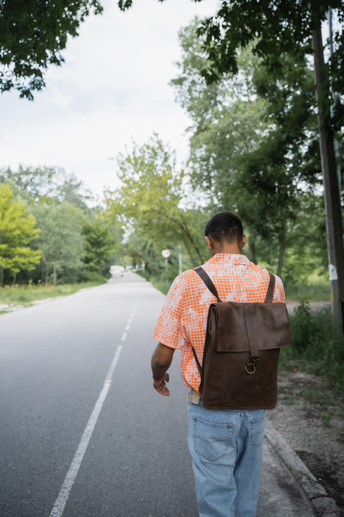 back view of african american traveler with leather backpack walking on road - Foto, afbeelding