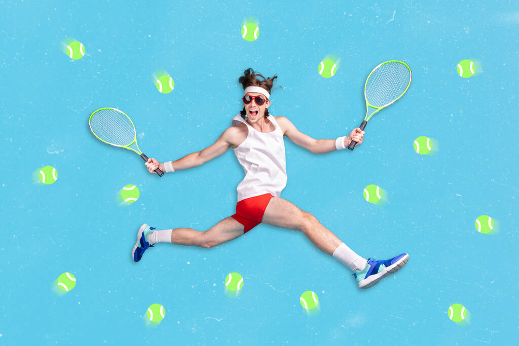 Collage photo of funny sporty muscle guy wear glasses hold two rackets crazy playing tennis many balls isolated on blue color background. - Photo, image