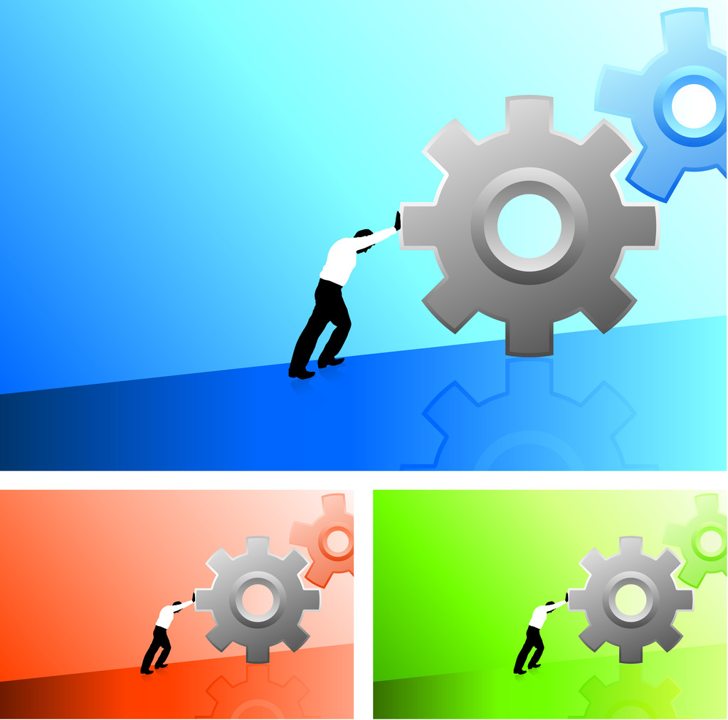 Business man pushing gears uphill - Vector, Image