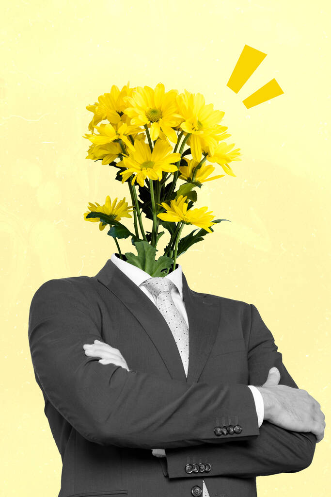 Photo artwork minimal picture of arms folded guy flowers instead of head isolated drawing background. - Foto, Imagem