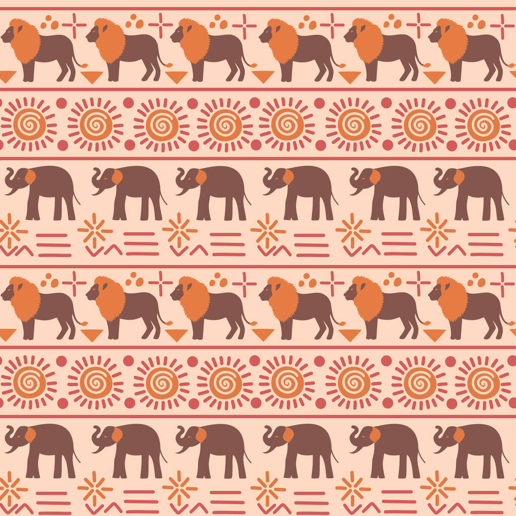 Abstract African seamless pattern with wild animals. Ethical minimalist wrapping paper. Afro oriental wallpaper. Beautiful geometric simple shapes. Elephant, lion. Vector illustration - ベクター画像