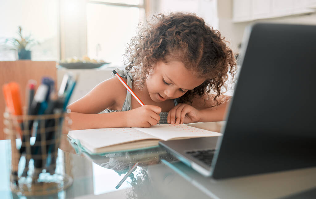 Kids distance learning online, covid and home school lesson with tech education and virtual teaching on laptop video call. Young girl, child and student writing homework, assignment and studying test. - Foto, Bild
