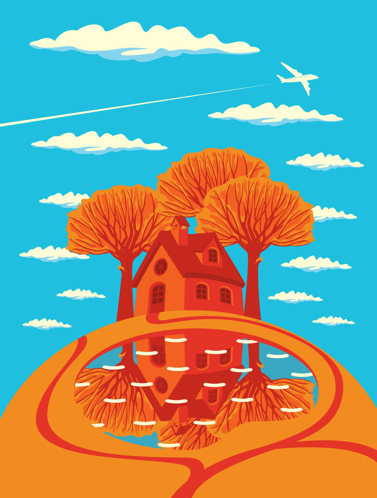 Autumn landscape with yellowed trees, clouds in the sky, a cute colorful house and a small lake. Airplane in the sky. Decorative vector illustration in autumn yellow and orange colors in cartoon style - Wektor, obraz