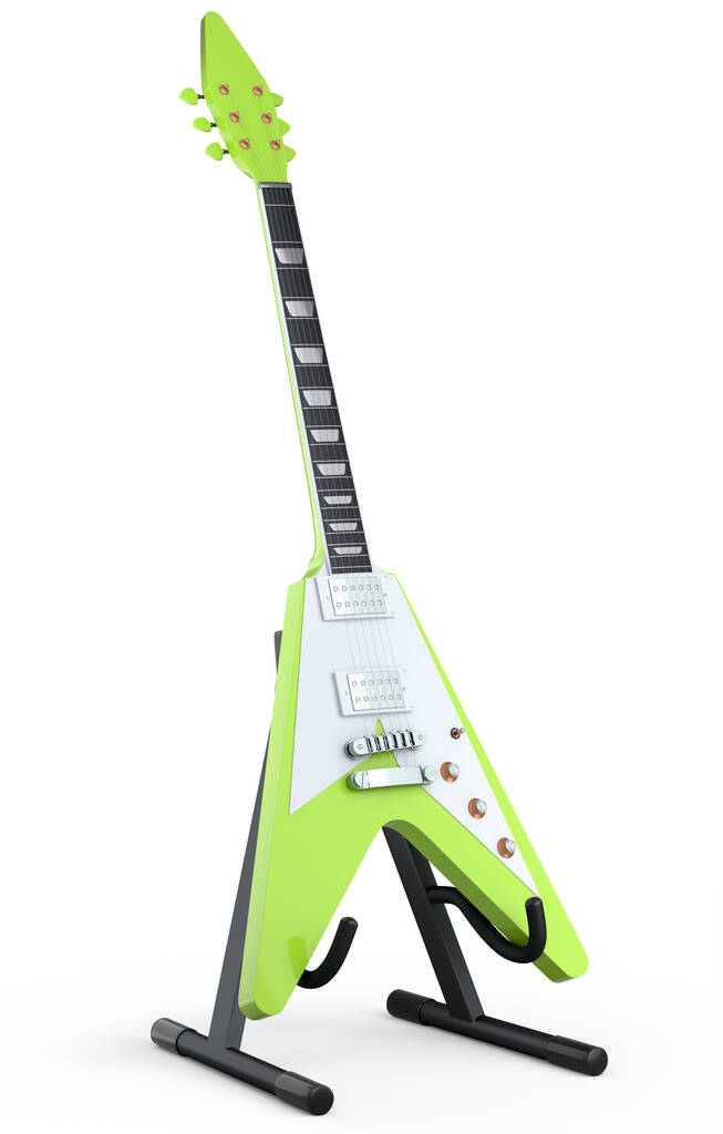 Elektrische Akustikgitarre auf Standfuß isoliert auf weißem Hintergrund. 3D-Konzept für Rockfestival-Poster mit Heavy-Metal-Gitarre für Musikladen - Foto, Bild