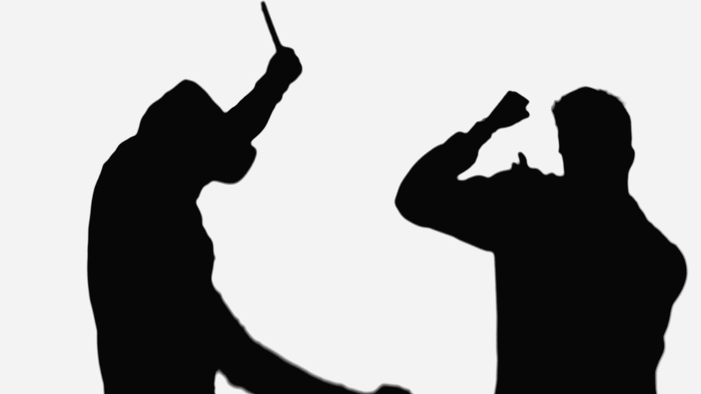 black shadow of robber with knife attacking man isolated on white - Valokuva, kuva