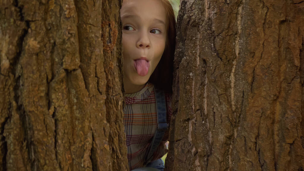 Preteen child sticking out tongue near trees in park  - Фото, изображение