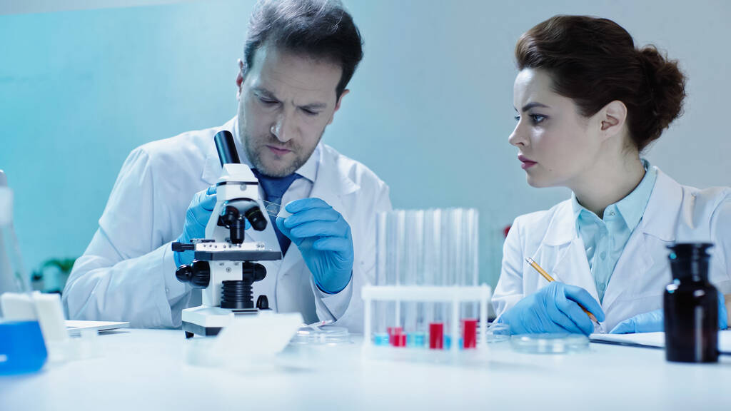 scientist holding glass with sample near colleague in white coat holding pencil in lab  - Foto, imagen