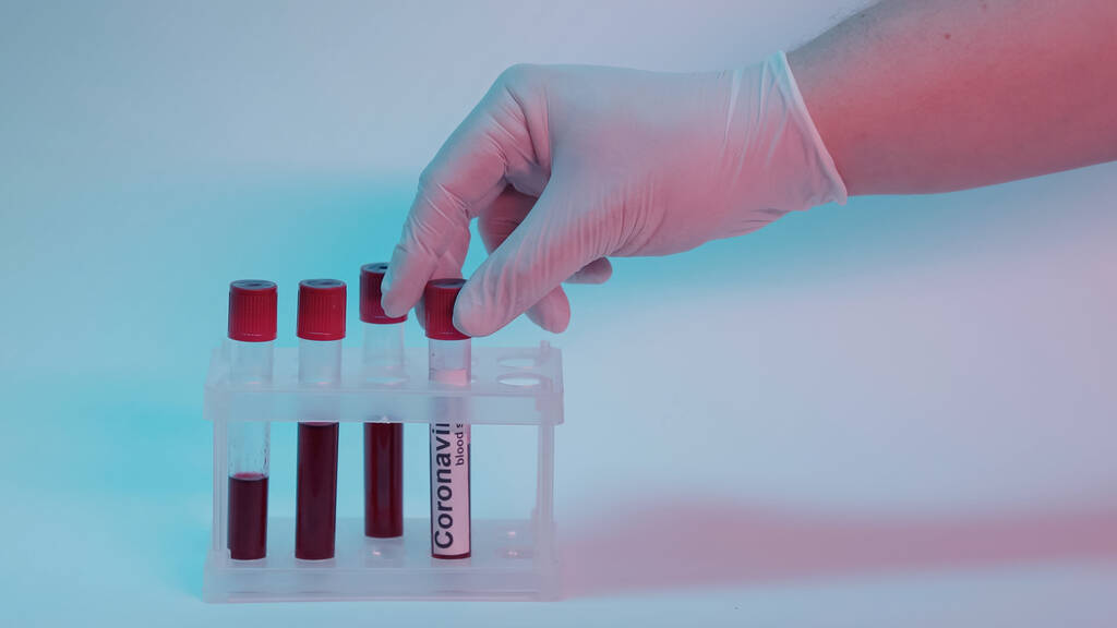 cropped view of scientist taking test tube with blood sample and coronavirus lettering from test tube rack on blue  - Foto, Imagen