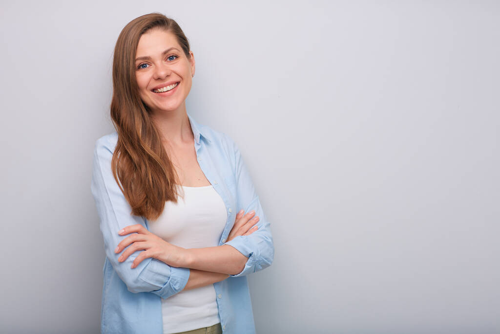 Smiling woman isolated portrait with arms crossed. teeth smile. - Photo, Image