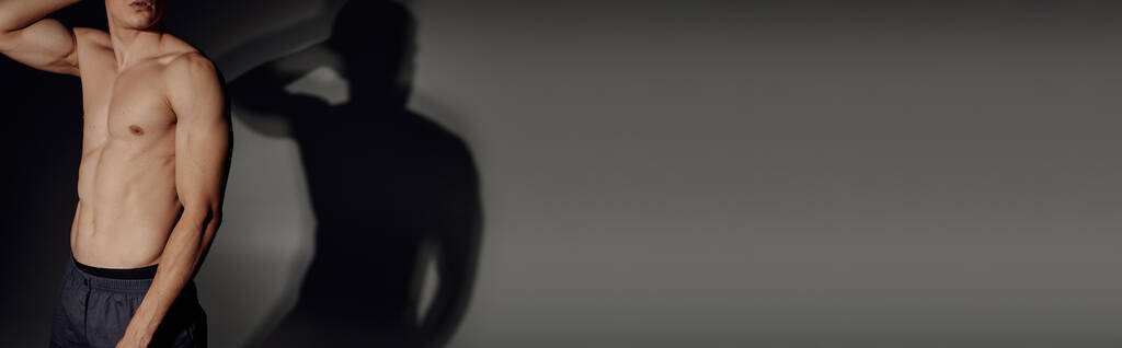 partial view of shirtless man with muscular torso on grey background with black shadow, banner - Photo, Image