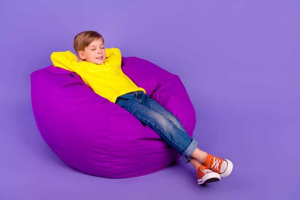 Full length photo of dreamy grandson dressed pullover arms behind head sitting bean bag empty space isolated purple color background. - Photo, Image
