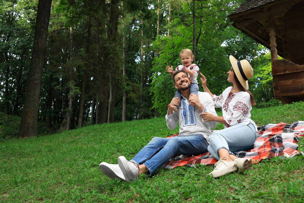 Happy family in Ukrainian national clothes on green grass outdoors - 写真・画像