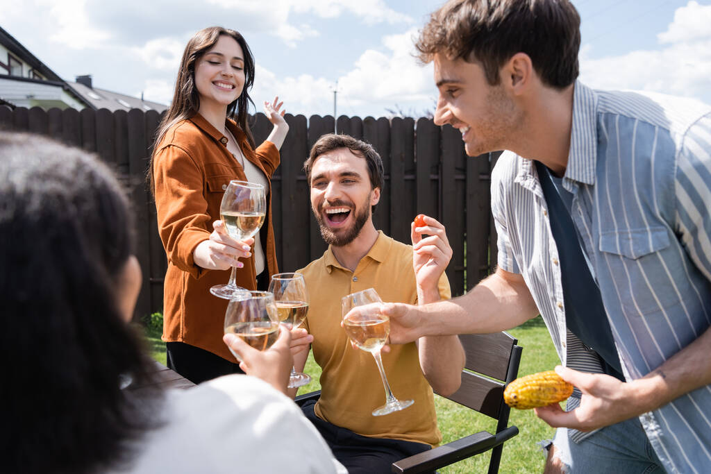Веселые многонациональные друзья пьют вино во время пикника на заднем дворе  - Фото, изображение