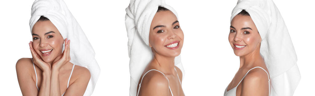 Collage con fotos de una hermosa joven con toallas sobre fondo blanco. Diseño de banner - Foto, imagen