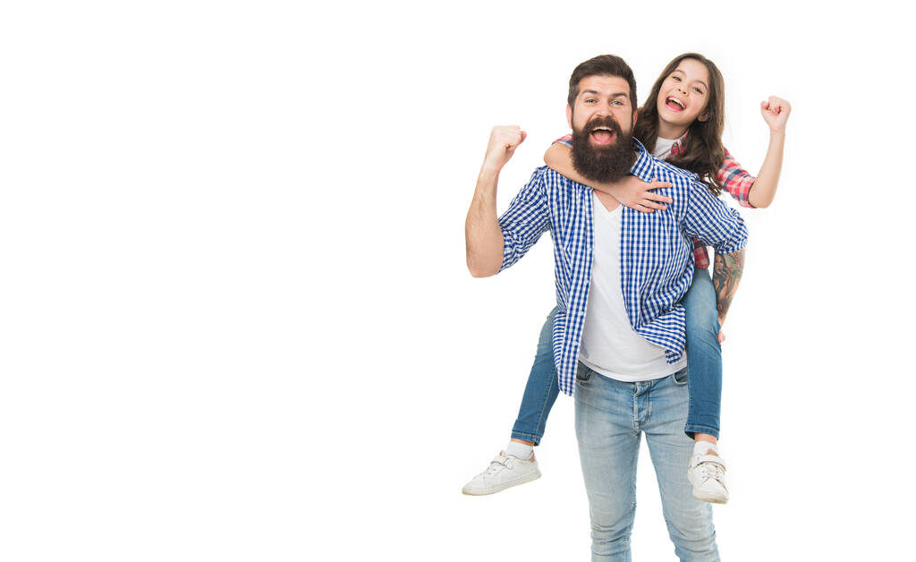 Active leisure. Fathers day. Father example noble human. Father little daughter. Best friends. Dad strong piggybacking adorable child. Having fun. Happiness being father of girl. Holiday celebration. - Photo, image
