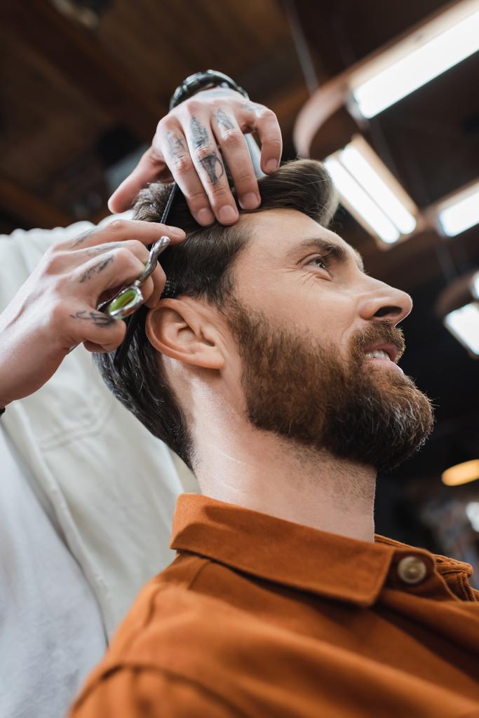 низький кут зору перукар різання волосся бородатого усміхненого чоловіка
 - Фото, зображення