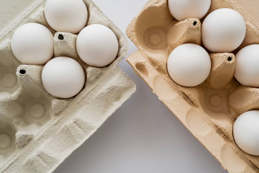 Bovenaanzicht van biologische eieren in kartonnen dozen op witte achtergrond  - Foto, afbeelding