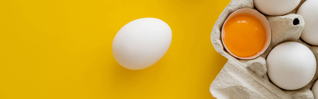 Top näkymä luonnon keltuainen kuori lähellä valkoisia munia säiliössä keltaisella pohjalla, banneri  - Valokuva, kuva