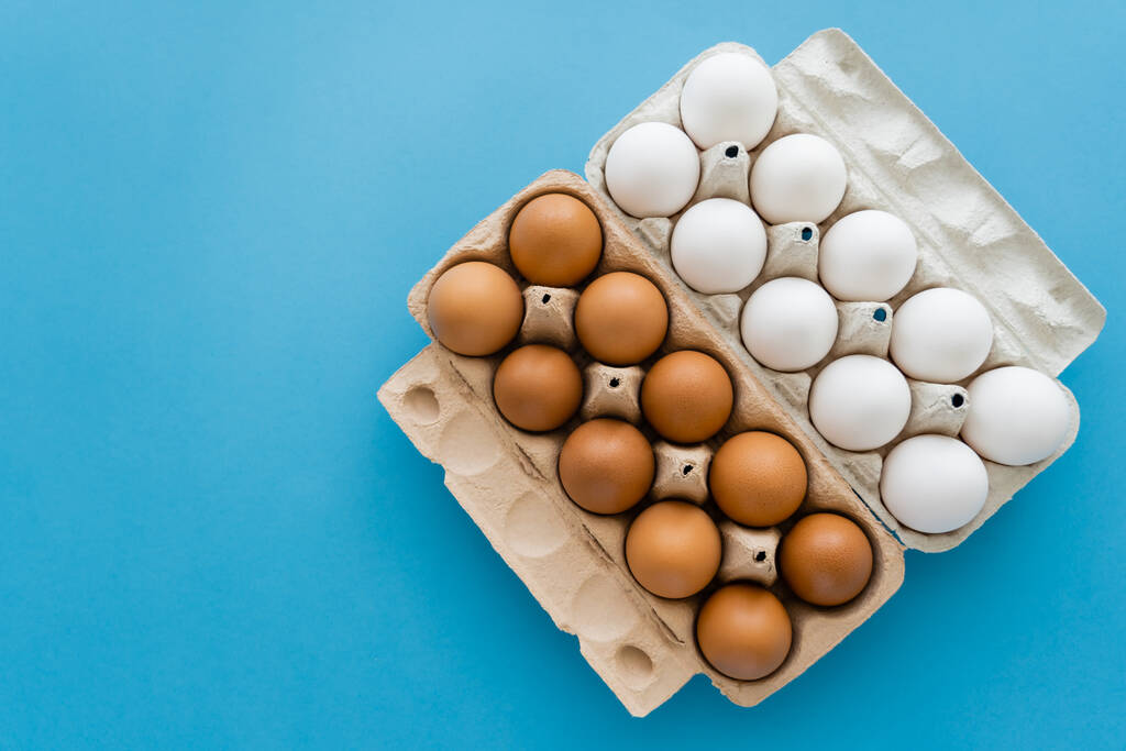 Κάτοψη ακατέργαστων καφέ και λευκών αυγών σε δίσκους σε μπλε φόντο - Φωτογραφία, εικόνα