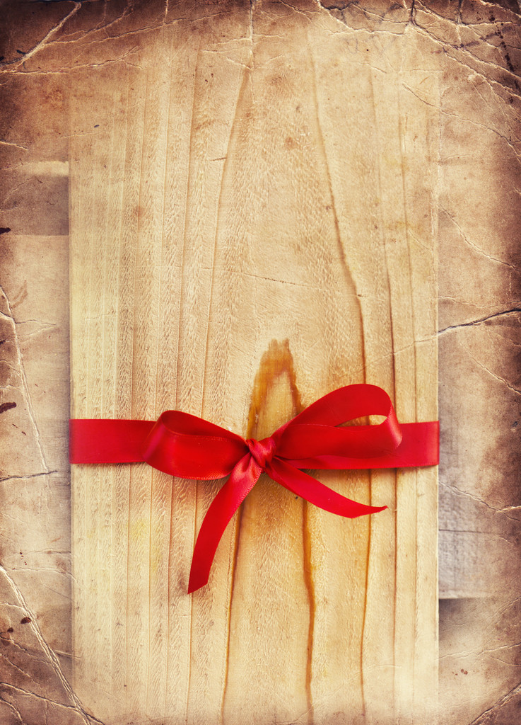Red Bow op houten Gift - Foto, afbeelding