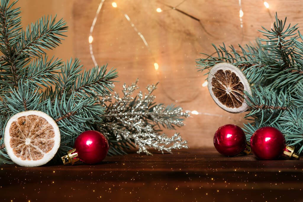 new year background, christmas decoration on wooden background - Fotó, kép